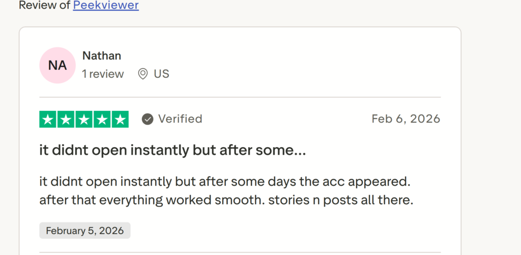 Screenshot of a positive Trustpilot review for Peekviewer