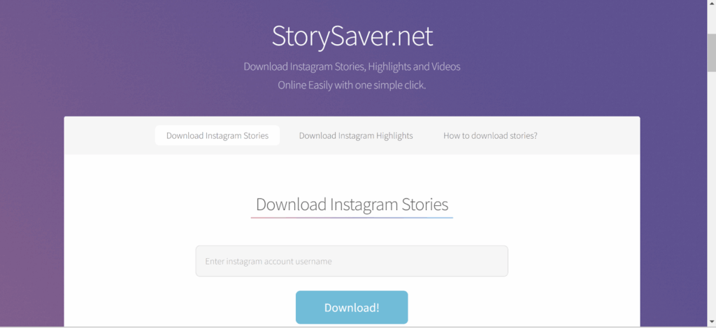 Screenshot of the main page of the Story Saver tool
