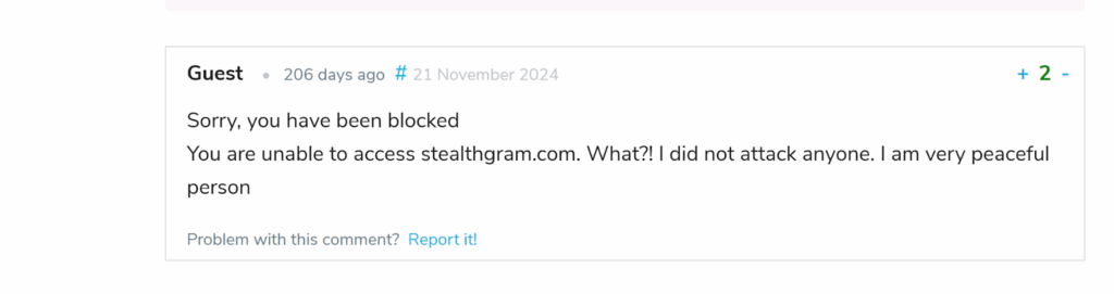Screenshot showing user trying to use StealthGram— warning about being blocked.