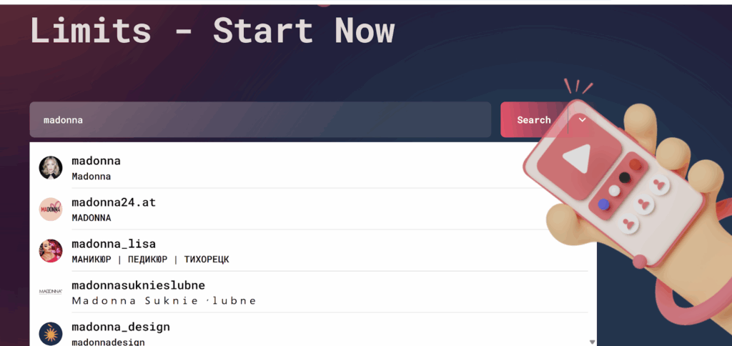 Screenshot showing the StealthGram homepage with a search bar where the user is entering “madonna” to choose the correct Instagram profile before viewing content.
