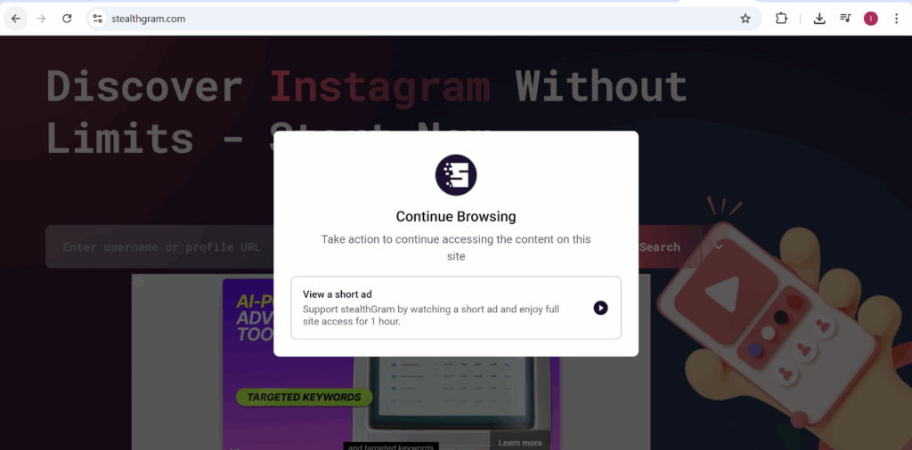 Screenshot showing the StealthGram website filled with video ads making it hard to browse before even viewing any Instagram content