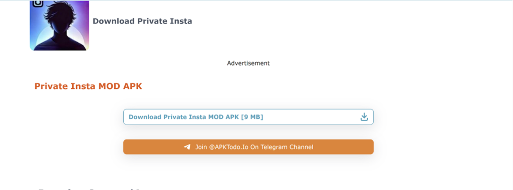 Screenshot showing a page for a private Insta APK prompting users to join a Telegram channel.