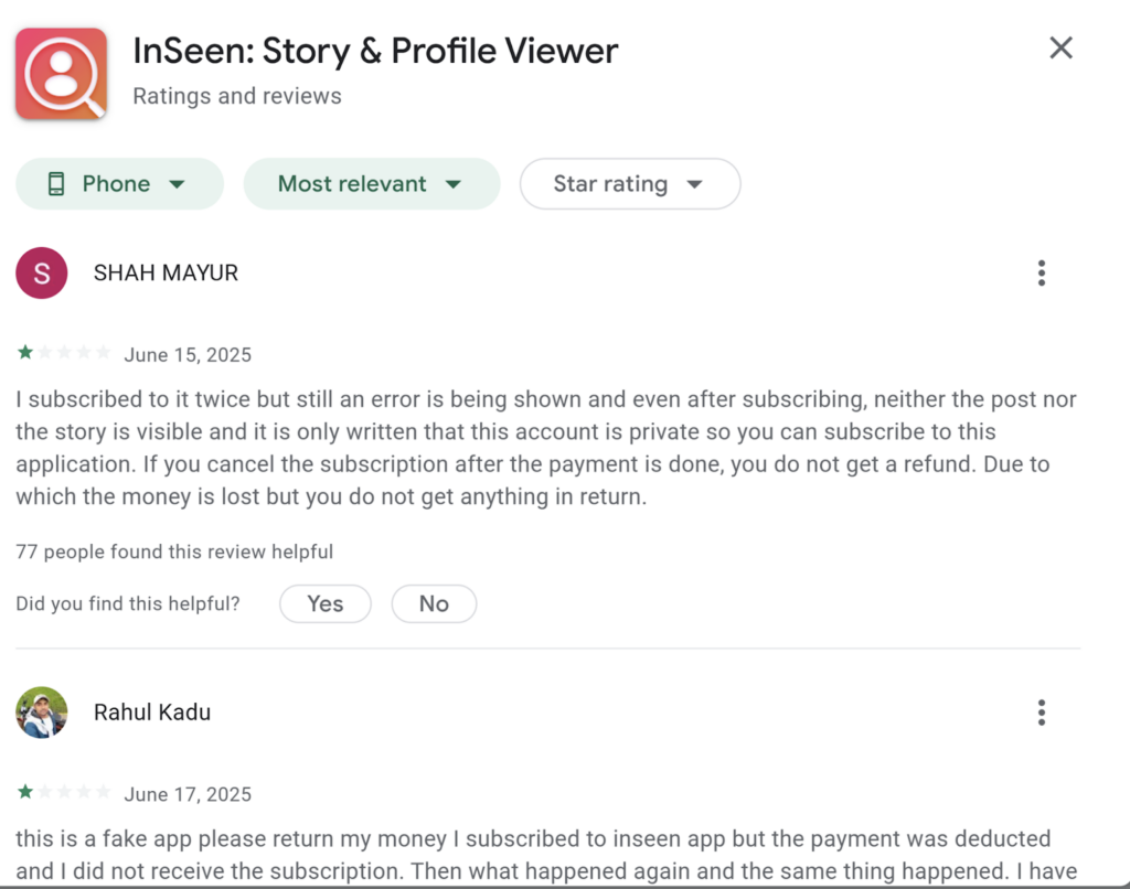Screenshot showing negative reviews of the app