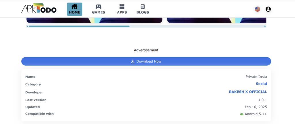 Screenshot showing a webpage with a “Download Now” button for a private Insta APK