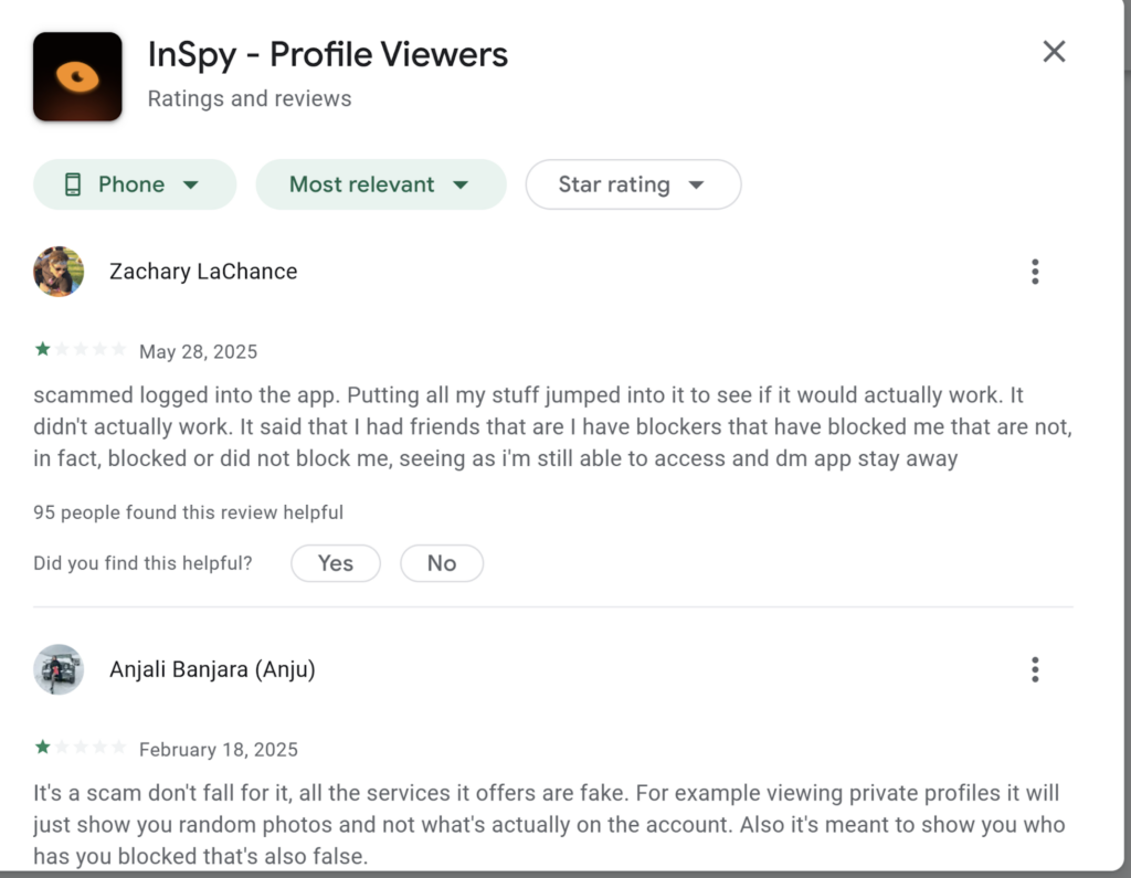 Screenshot showing negative reviews of the app